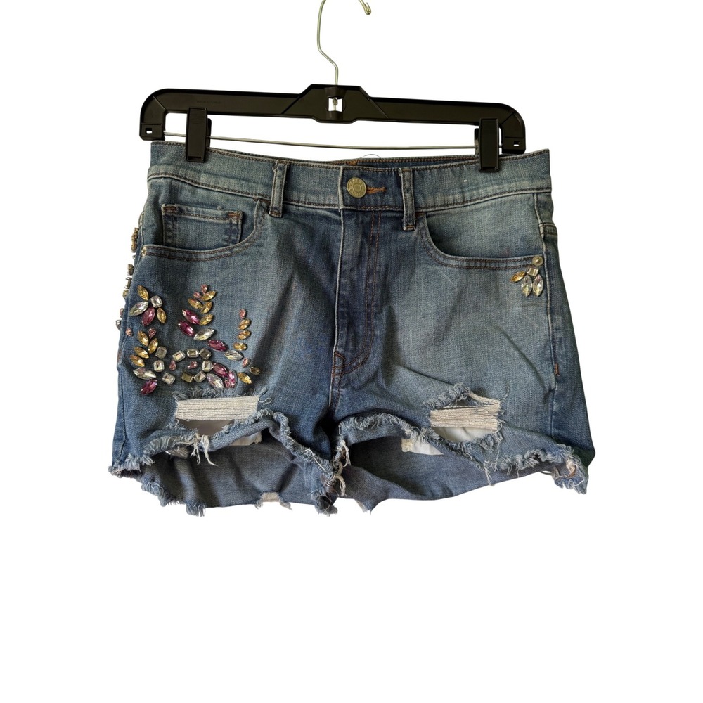 Express Denim Shorts Womens 4 Blue‎ Gemstone Embellished High Rise Raw